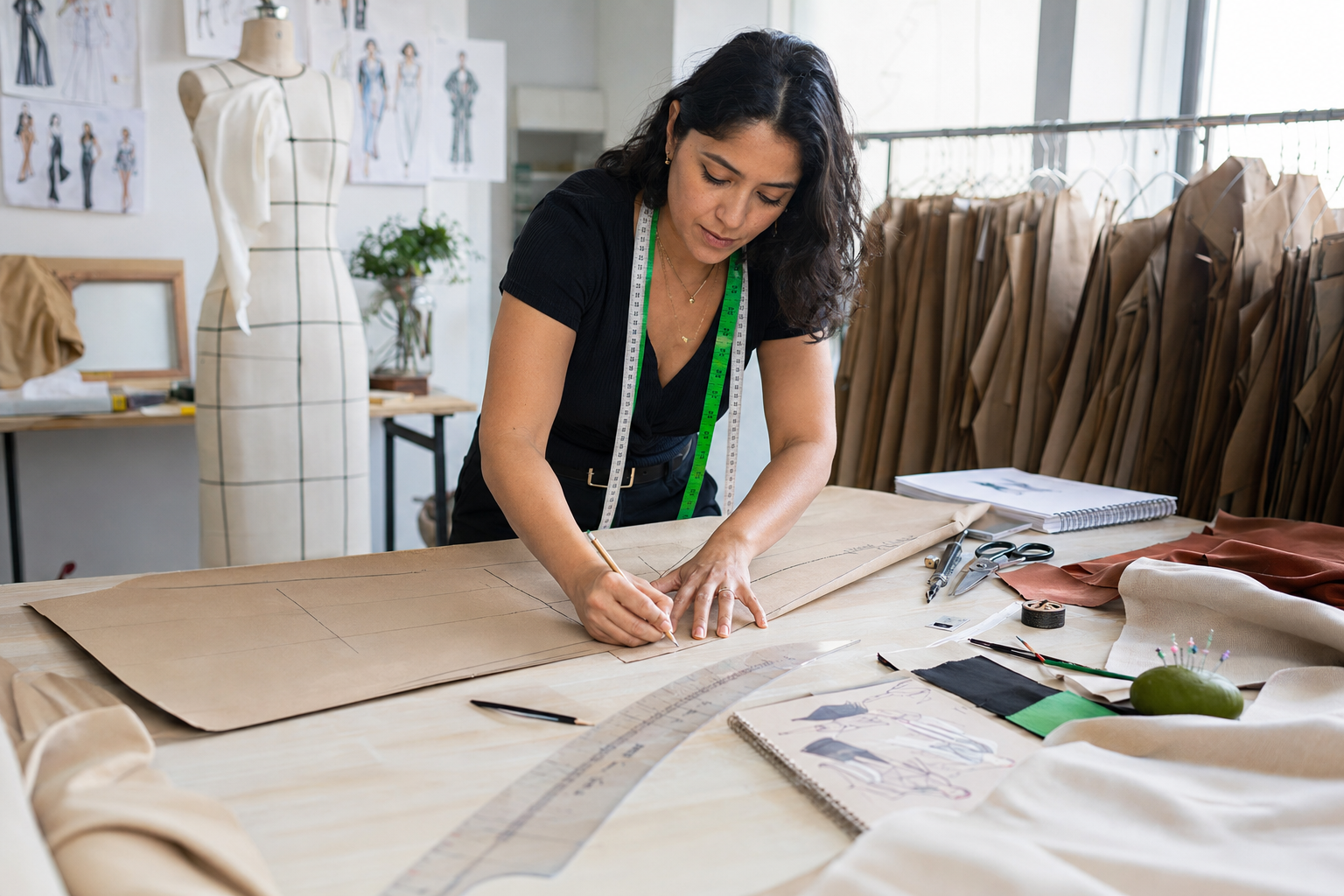 Profesional trazando y cortando moldes de ropa